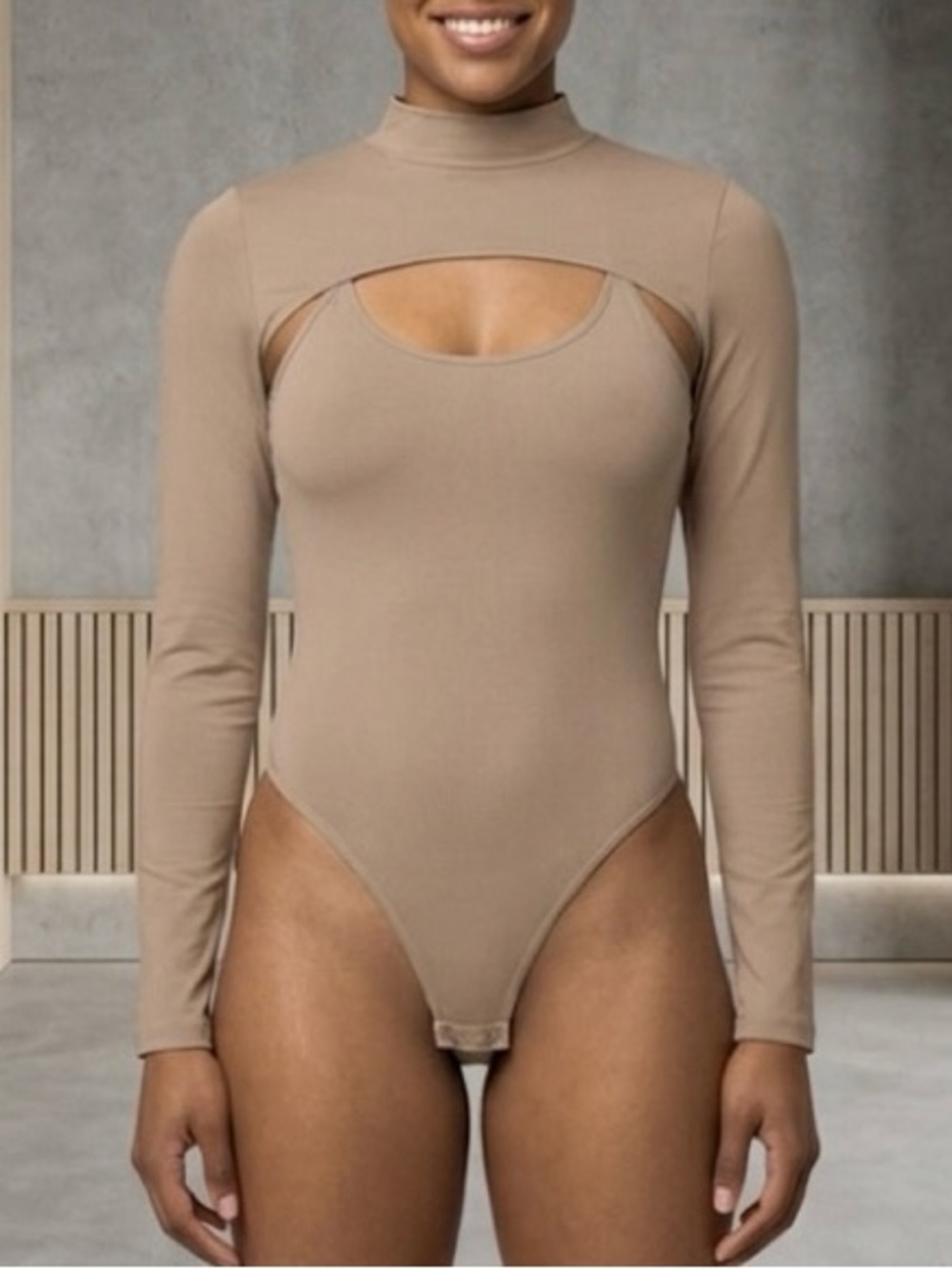 Anwnd Tan Long Sleeve Bodysuit With Connected Long Sleeves Size M